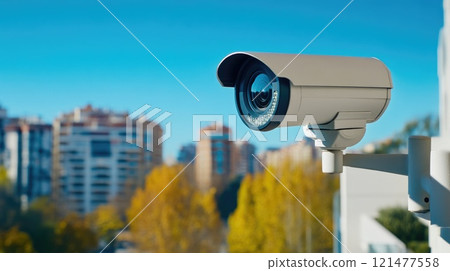 High-Tech CCTV Security Camera Mounted on Building 121477558