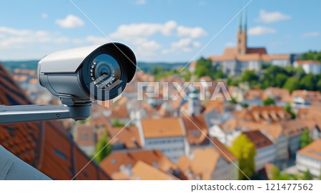 Rooftop CCTV Camera Focused on City Streets Below Rooftop CCTV Camera Focused on City Streets Below 121477562