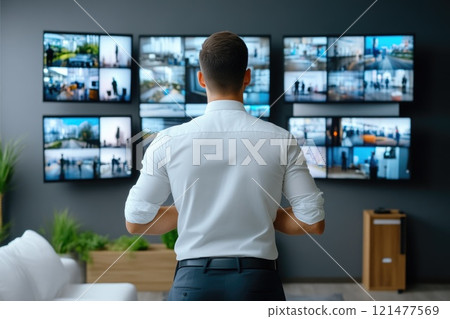 Night Shift Guard Overlooking CCTV Footage in Security Room 121477569
