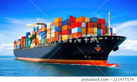 Large Cargo Ship Unloading Containers at Busy Port 121477574