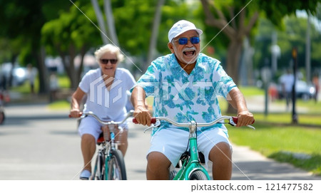 Happy older adults cycling through lush park Happy older adults cycling through lush park 121477582