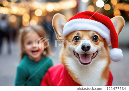 Corgi with Santa Hat and Christmas Lights Corgi with Santa Hat and Christmas Lights 121477584