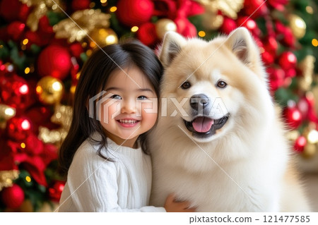 Happy Corgi Celebrating Christmas with Child Happy Corgi Celebrating Christmas with Child 121477585