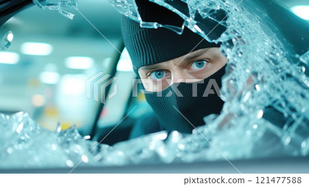 Masked Thief Slips Through Broken Car Window Masked Thief Slips Through Broken Car Window 121477588