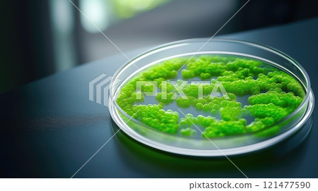 Glowing Green Algae Culture in Laboratory Petri Dish 121477590