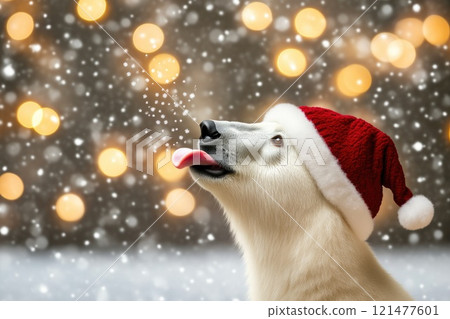 Cute Polar Bear in Holiday Hat with Snowfall Cute Polar Bear in Holiday Hat with Snowfall 121477601