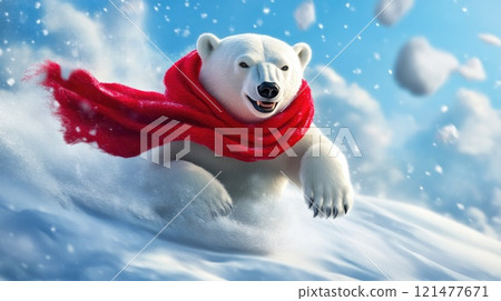 Polar Bear in Red Scarf Sliding on Snow Polar Bear in Red Scarf Sliding on Snow 121477671