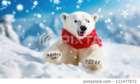 Playful Polar Bear Laughing in Snowy Winter Playful Polar Bear Laughing in Snowy Winter 121477672