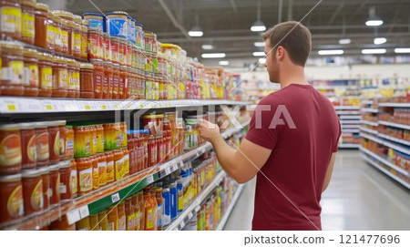 Customer browsing through pasta sauce options in supermarket 121477696