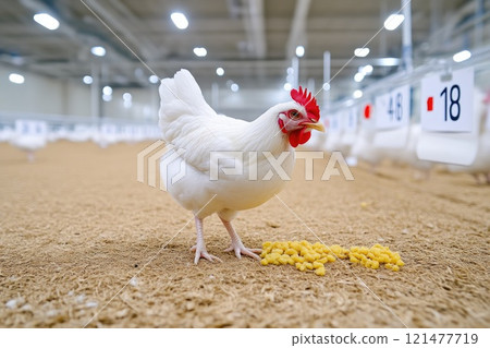 Chicken pecking at food in a clean indoor farm setting Chicken pecking at food in a clean indoor farm setting 121477719