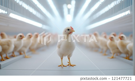 Bright fluorescent lighting over chickens in cages 121477721