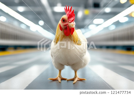 Industrial poultry farming with fluorescent light overhead 121477734