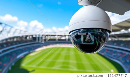 CCTV camera capturing game action in football stadium CCTV camera capturing game action in football stadium 121477747