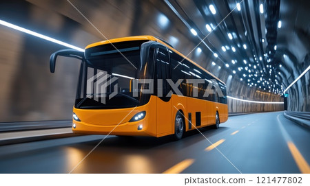 Electric Bus on a Green Pathway in an Urban Tunnel Electric Bus on a Green Pathway in an Urban Tunnel 121477802