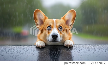 Happy Corgi Snuggled in Car on Rainy Afternoon Happy Corgi Snuggled in Car on Rainy Afternoon 121477817