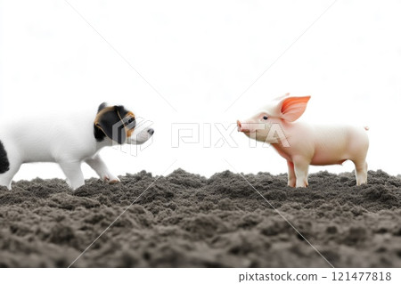 Beagle and piglet sharing a curious moment on the farm Beagle and piglet sharing a curious moment on the farm 121477818