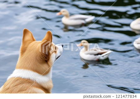 Corgi Exploring Nature with Ducks by the Water Corgi Exploring Nature with Ducks by the Water 121477834