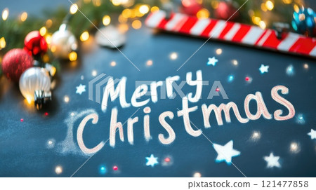 Close-up of a clapperboard with festive 'Merry Christmas' message 121477858