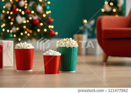 Christmas movie marathon essentials: couch, popcorn, and soda 121477862