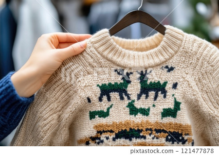 A cozy winter sweater with reindeer design for holiday celebrations 121477878