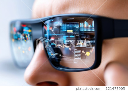 Close-Up of Augmented Reality Glasses Displaying Financial Data 121477905