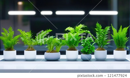 Assorted small potted plants under bright fluorescent lighting 121477924