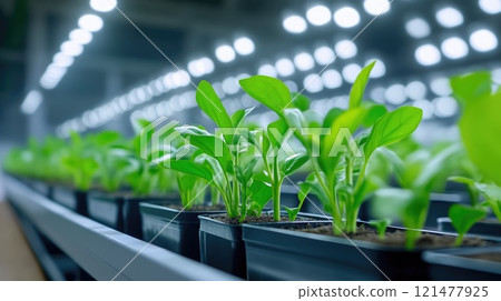 A variety of lush green plants in minimalist indoor setting 121477925
