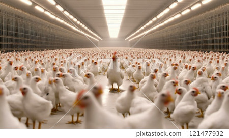 Rows of chickens in cages illuminated by fluorescent lights indoors Rows of chickens in cages illuminated by fluorescent lights indoors 121477932