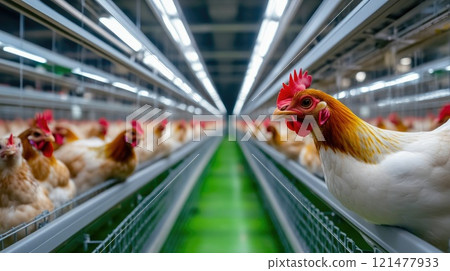 Fluorescent-lit poultry farm with caged chickens for egg production Fluorescent-lit poultry farm with caged chickens for egg production 121477933