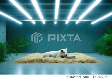 Pig in a Pen with Metal Feeding Bowl and Straw 121477938