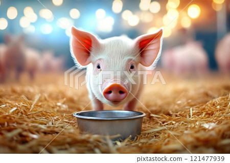Indoor Farm Setting with Pig and Straw Bedding 121477939