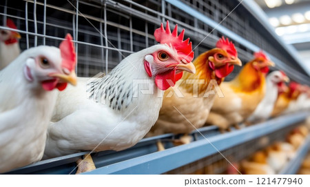 Spacious Indoor Chicken Farm with Rows of Cages Spacious Indoor Chicken Farm with Rows of Cages 121477940