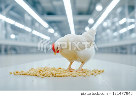 Chicken Feeding in a Bright Indoor Farm Environment Chicken Feeding in a Bright Indoor Farm Environment 121477943