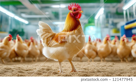 Close-up of a Single Chicken in a Cage with Bright Lighting 121477945