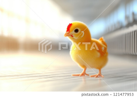 Brightly Lit Indoor Chicken Farm with Caged Birds 121477953