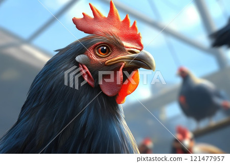 Close-up of a chicken perched in a cozy indoor pen 121477957