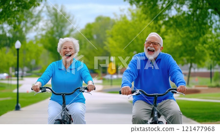 Senior Couple Cycling Together in the Park, Enjoying the Moment 121477968