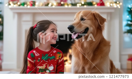Joyful Christmas Moment with Child and Golden Retriever Joyful Christmas Moment with Child and Golden Retriever 121477973