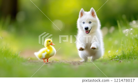Siberian Husky and Duckling Enjoying Fun Moments Together Siberian Husky and Duckling Enjoying Fun Moments Together 121478017
