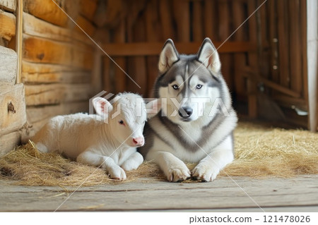 Heartwarming Bond Between Husky and Young Calf on a Farm 121478026
