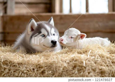 Siberian Husky and Calf Sharing a Peaceful Moment Together 121478027