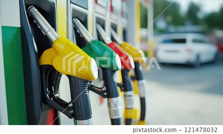 Fuel Pump Nozzles Reflecting Gas Station Lights 121478032