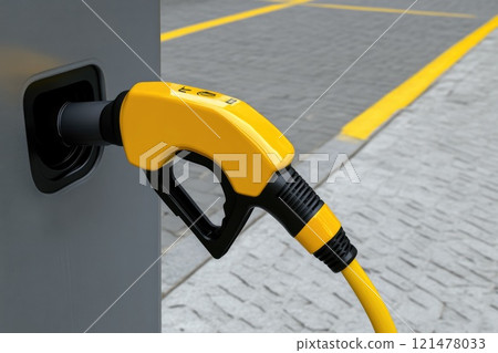 Fuel Pump in Action at Car Gas Station 121478033