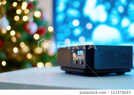 Warm holiday lights and movie projector glow Warm holiday lights and movie projector glow 121478047