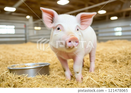 Fluorescent Lighting Over Indoor Pig Pen 121478065