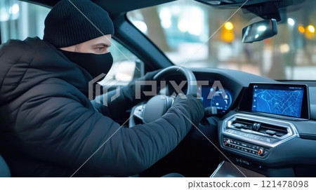 Masked Thief Sneaks Into Parked Vehicle Masked Thief Sneaks Into Parked Vehicle 121478098