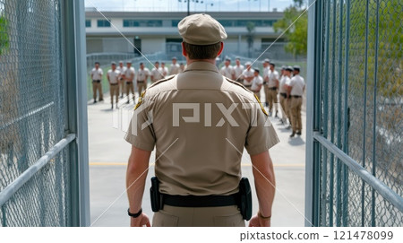 Prison Guard Checking for Threats in Yard Prison Guard Checking for Threats in Yard 121478099