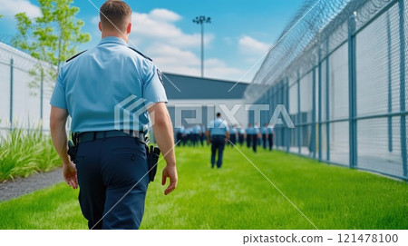 Prison Guard Patrolling the Yard for Safety Prison Guard Patrolling the Yard for Safety 121478100