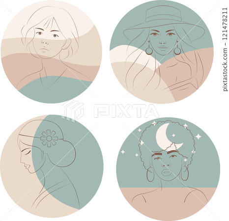 Boho Chic Backgrounds with Elegant Line Art Portraits Minimalist Tropical Leaf Designs and Feminine Faces on Warm, Earthy Tones Boho Chic Backgrounds with Elegant Line Art Portraits Minimalist Tropical Leaf Designs and Feminine Faces on Warm, Earthy Tones 121478211