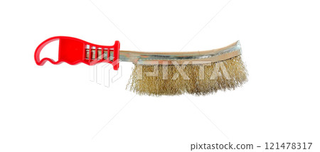 Brass brush hardware tool with red handle isolated on white. Brass brush hardware tool with red handle isolated on white. 121478317